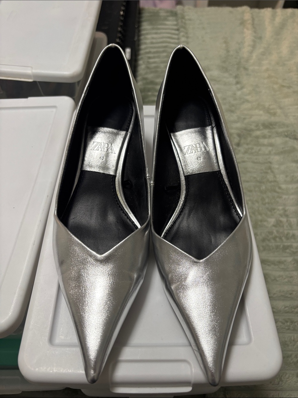 Zara Metallic Silver Pointed-Toe Pumps